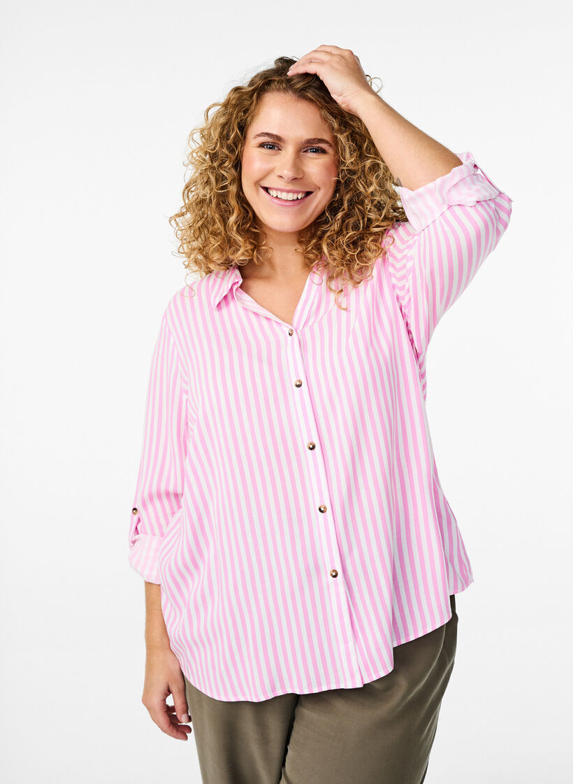 FLASH - Striped shirt with rolled-up sleeves, Pink, Model image number 0