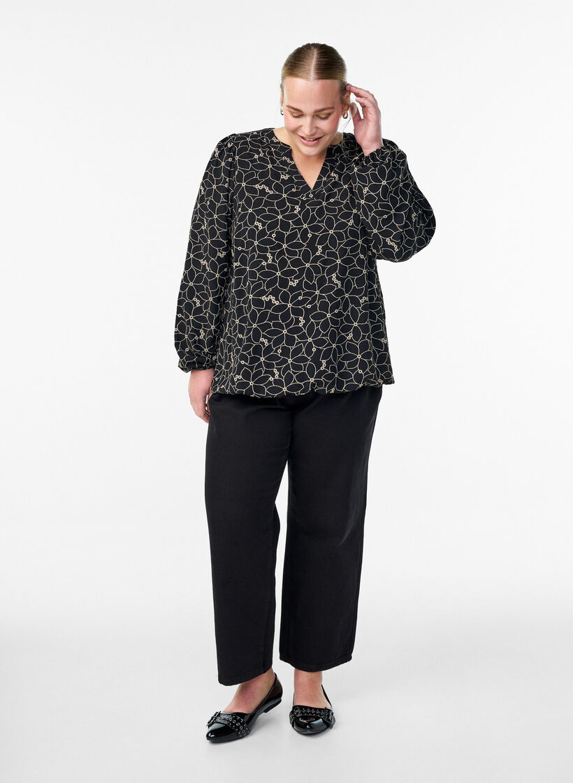 Long-sleeved blouse with floral embroidery, Black, Model image number 1