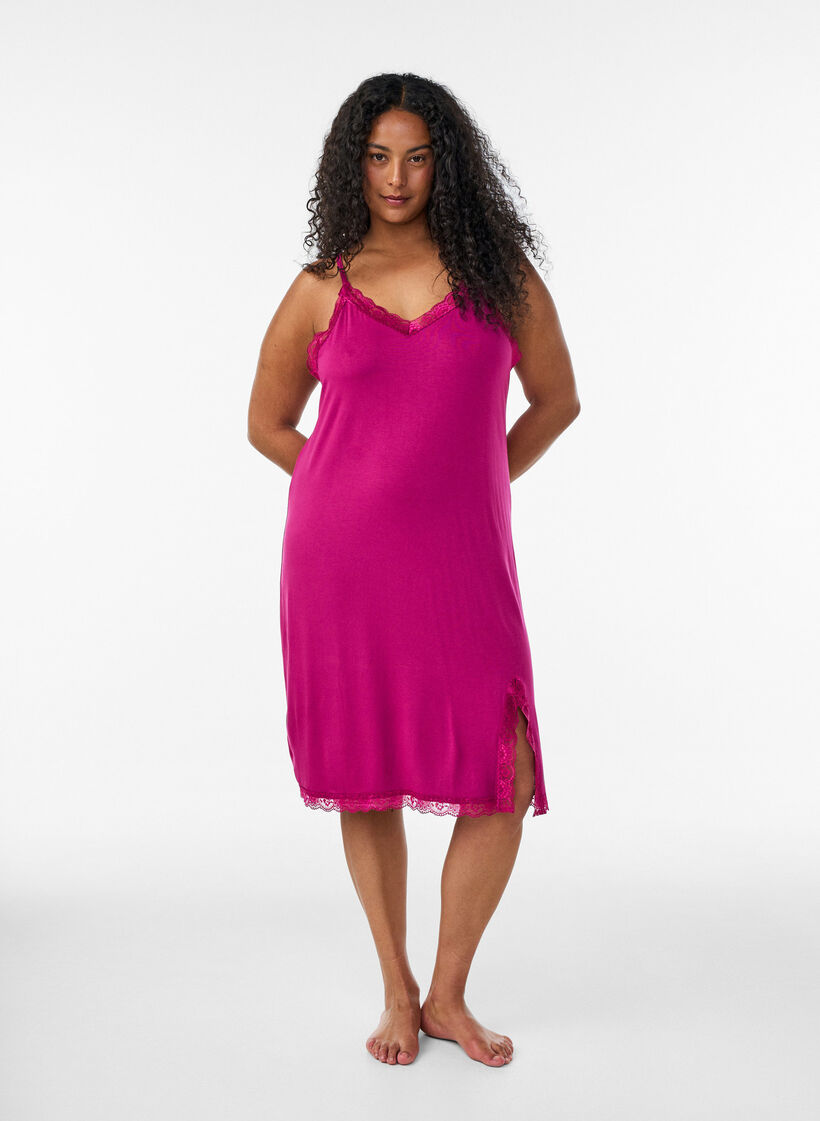Viscose nightgown with lace and slits, Red, Model image number 0