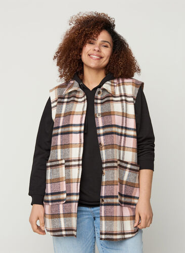 Checkered vest with large pockets, Pink check, Model image number 0