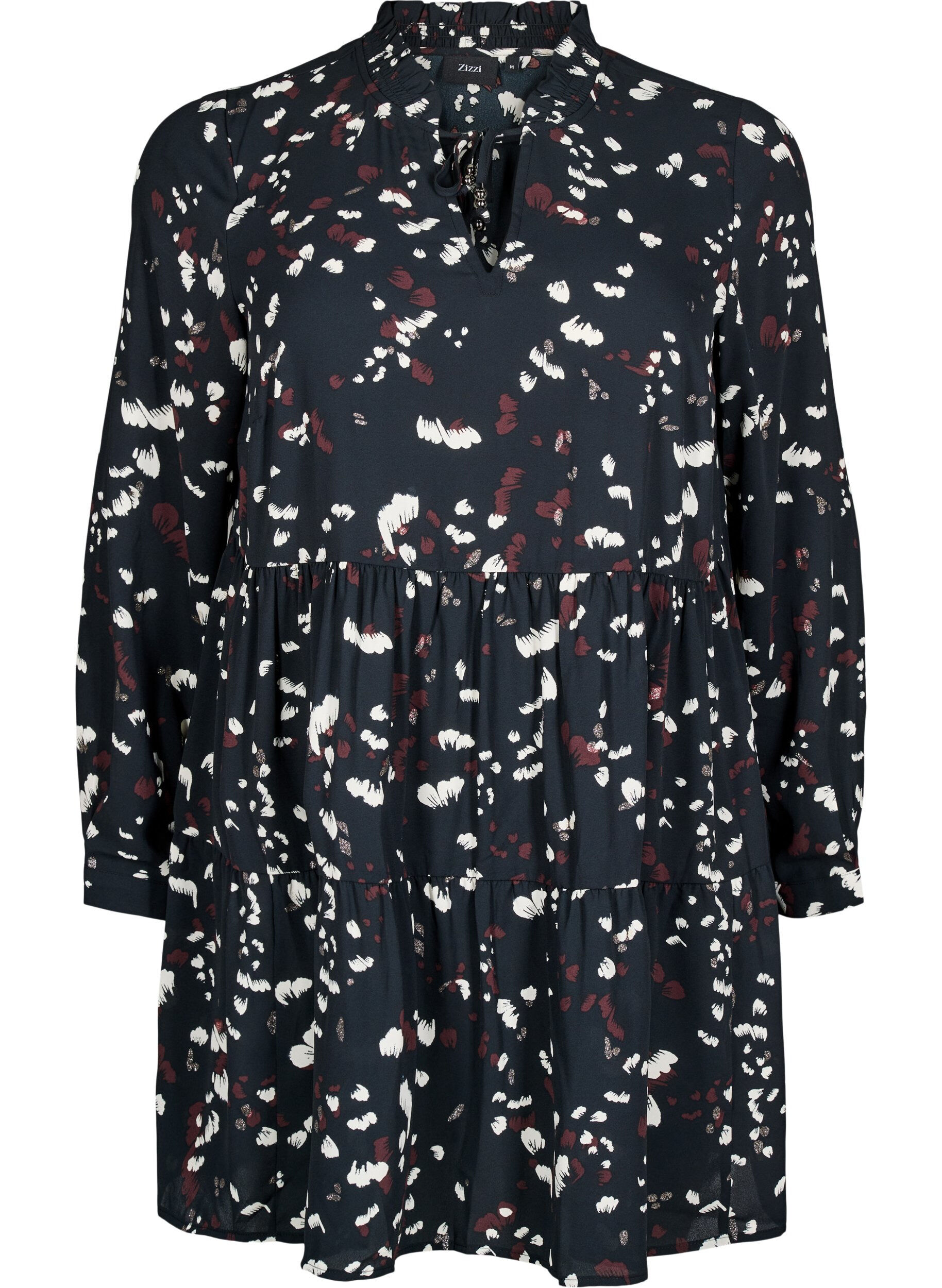 Zizzifashion Tunic with print and ruffled collar, Black AOP Print, Packshot image number 0