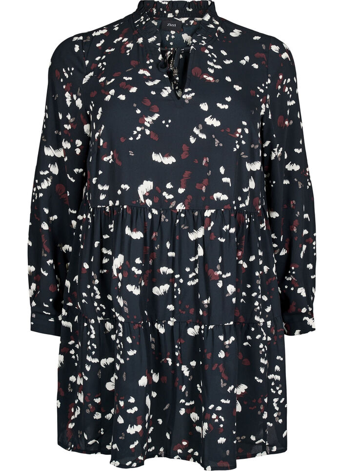 Tunic with print and ruffled collar, Black AOP Print, Packshot image number 0