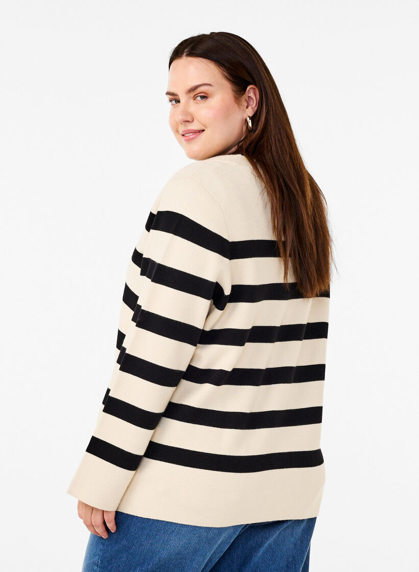 Striped knitted cardigan with V-neck, Birch w. Black, Model image number 1