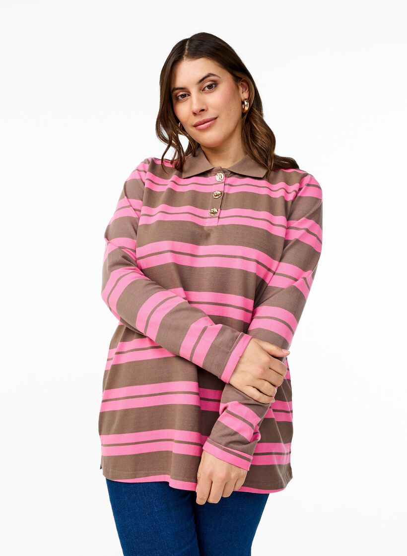 Striped polo shirt with long sleeves, Pink, Model image number 0