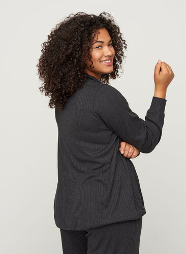 Long-sleeved blouse with a high neck and drawstring, Dark Grey Melange, Model image number 1