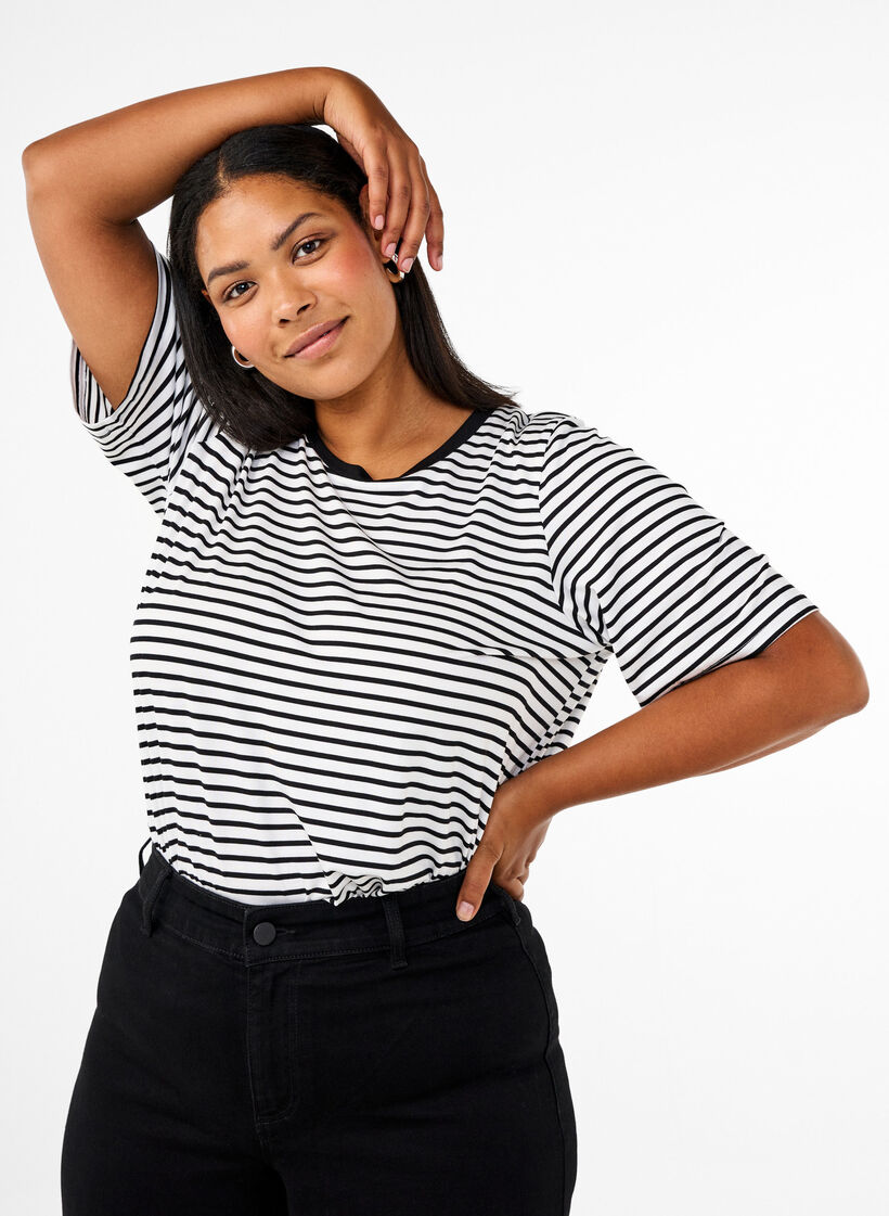 T-shirt with TENCEL™ Lyocell and stripes, White, Model image number 0