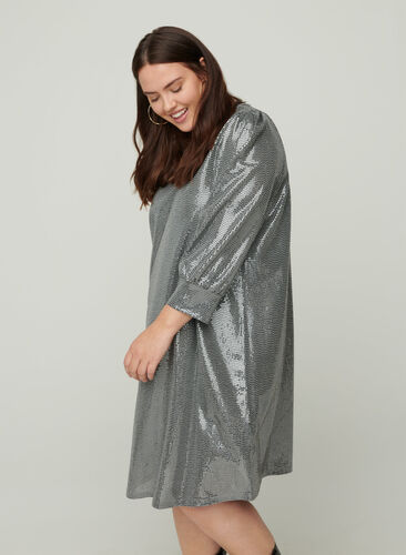 Sequin dress with 3/4 length sleeves and a V-neck, Silver, Model image number 0