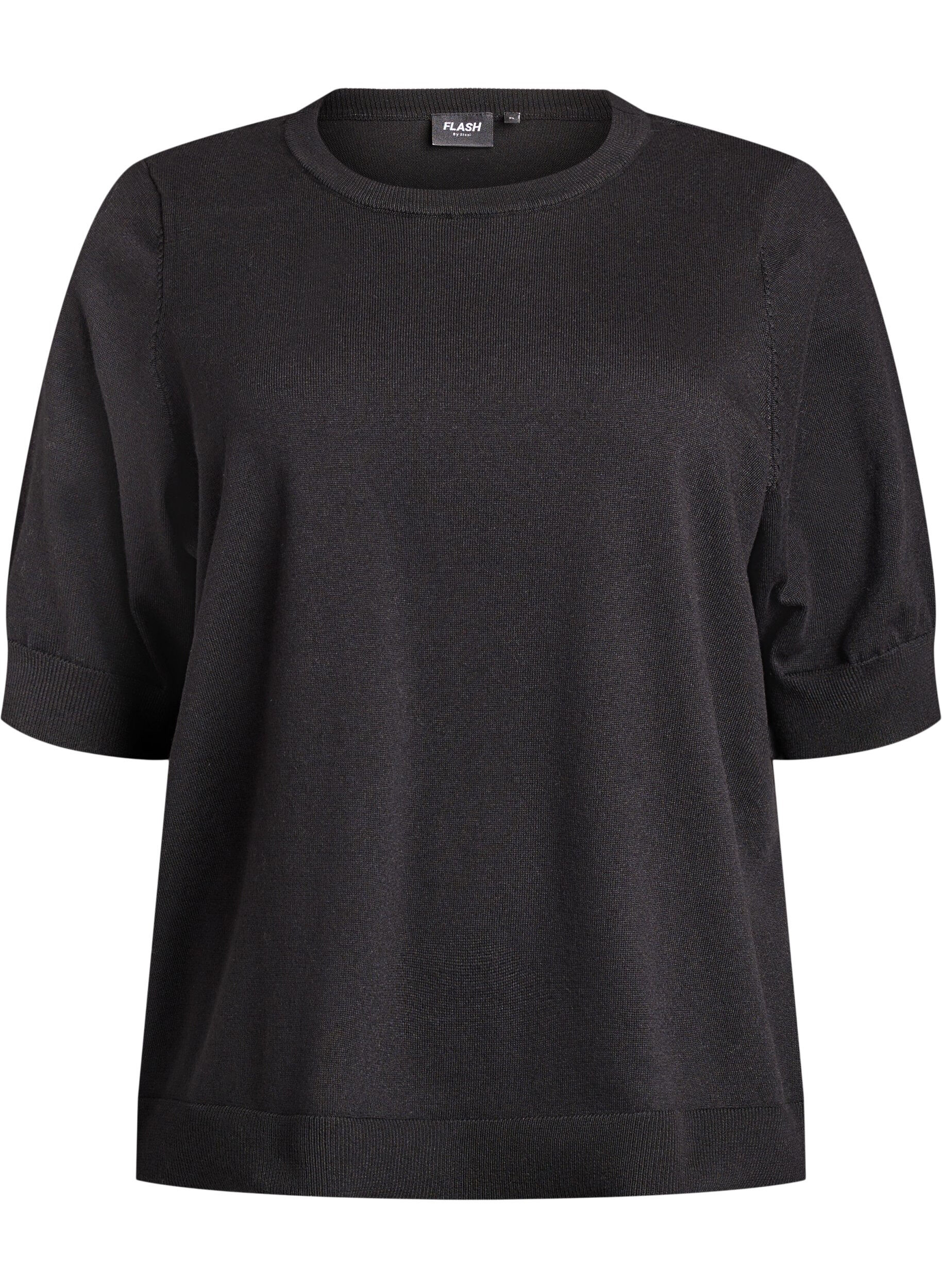 Zizzifashion Fine-knit blouse with short sleeves, Black, Packshot image number 0