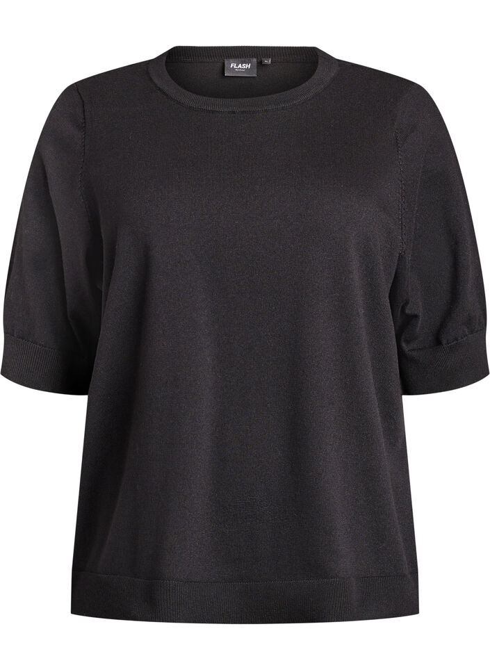 Fine-knit blouse with short sleeves, Black, Packshot image number 0