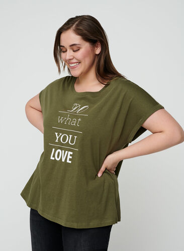 Short-sleeved cotton t-shirt w ith print, Ivy green w. Love, Model image number 0