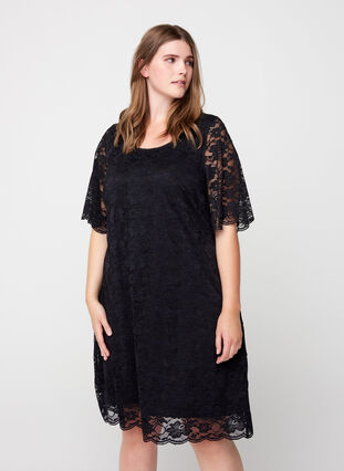 Short-sleeved lace dress, Black, Model image number 2