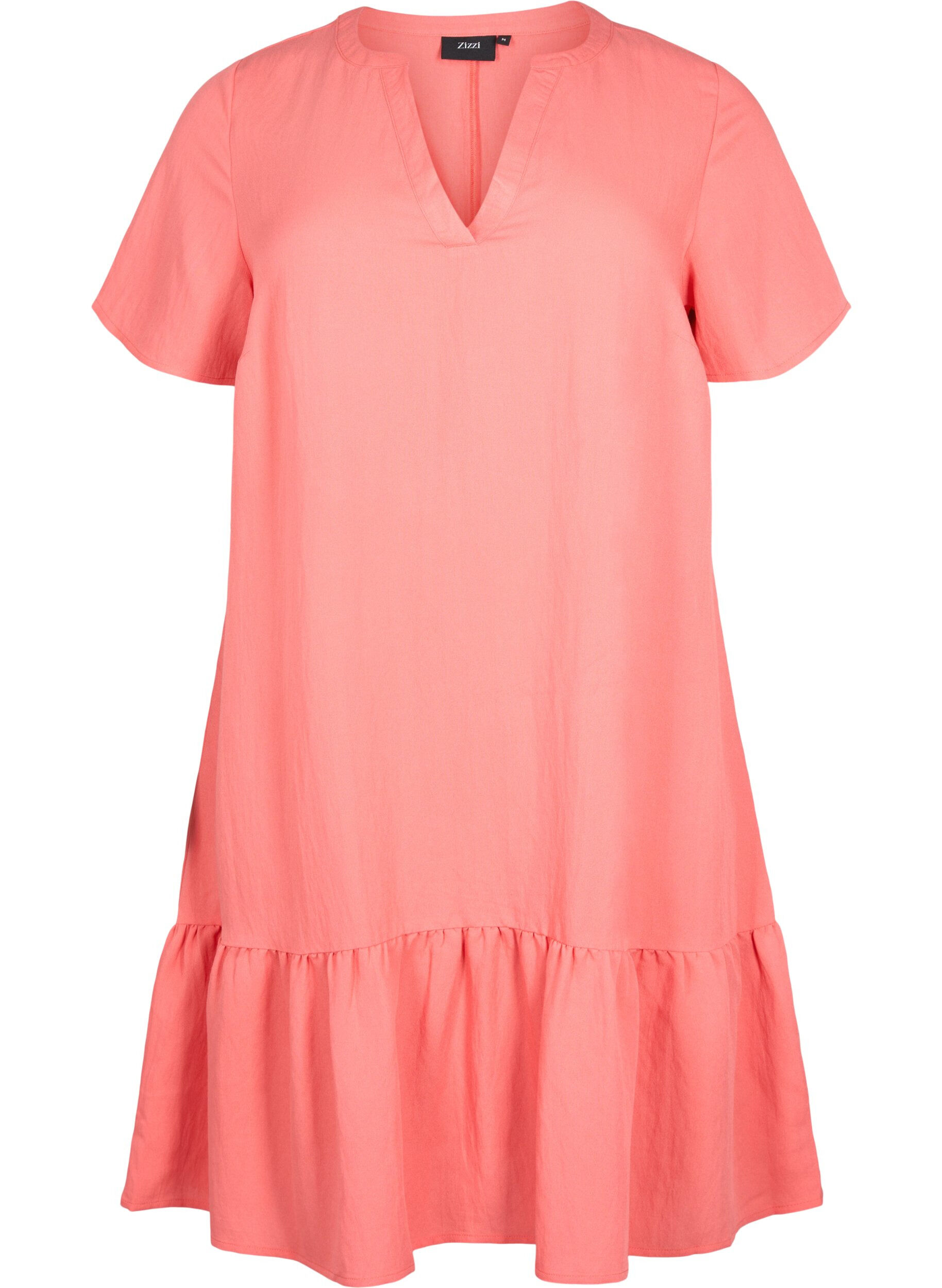 Zizzifashion Short-sleeved viscose dress with v-neckline, Coral, Packshot image number 0