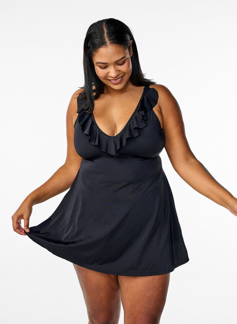 Swimdress with ruffles and removable padding, Black, Model image number 0