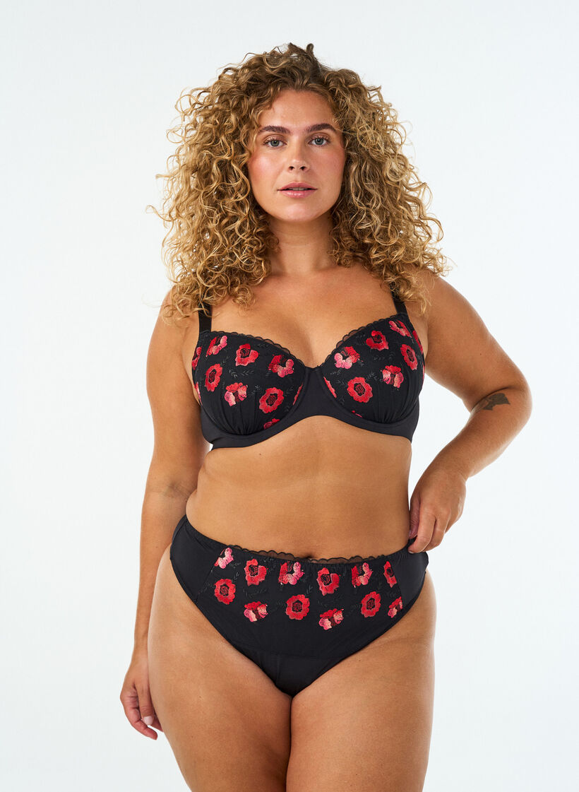 Padded underwired bra with floral embroidery, Black, Model image number 1