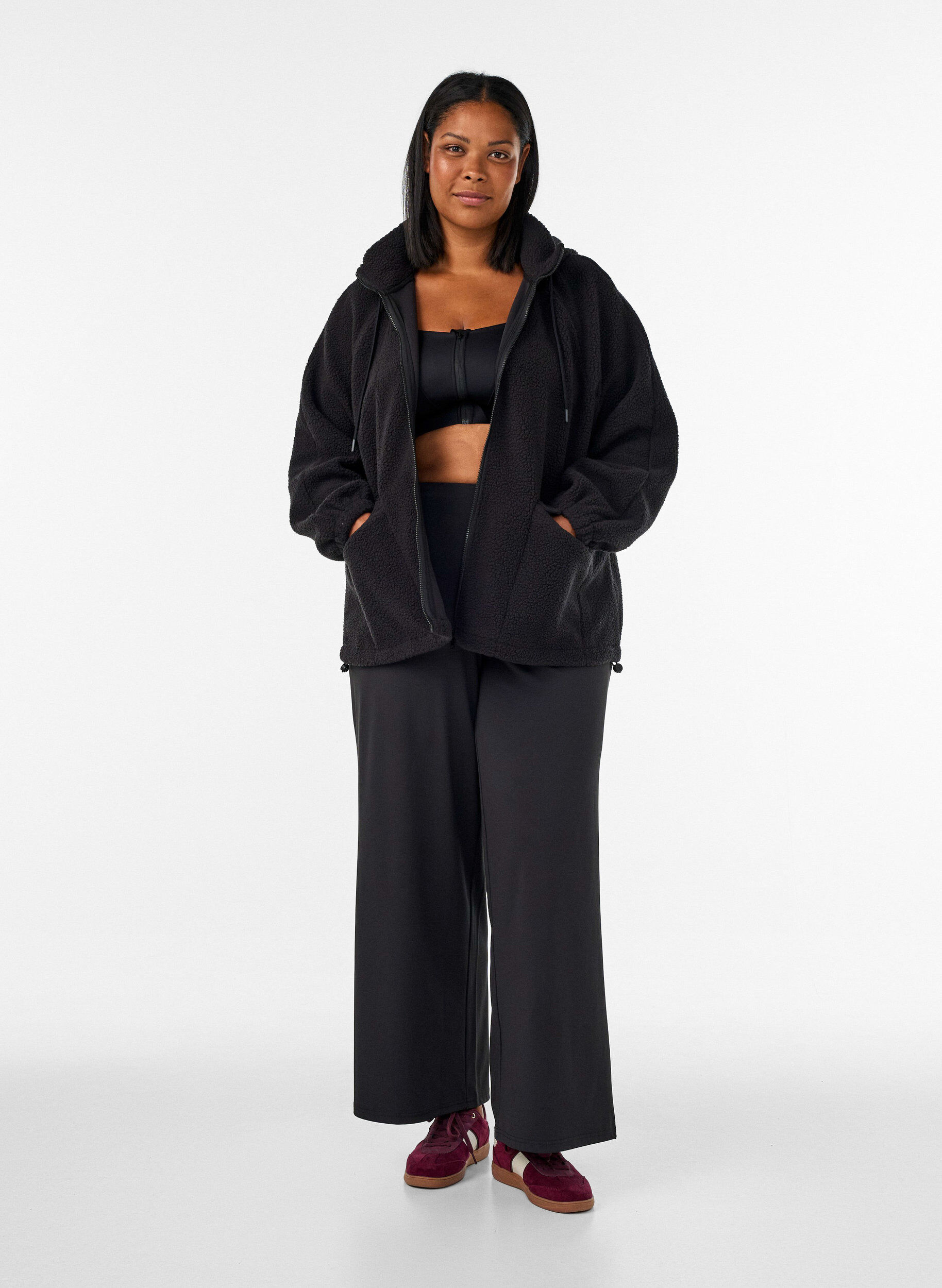 ZizzifashionTeddy jacket with a hood and zipper, Black, Model image number 1