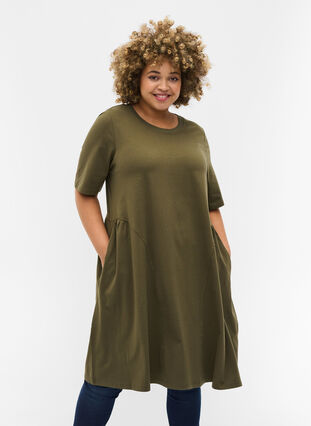 Short sleeve cotton dress with pleated skirt, Ivy Green, Model image number 0