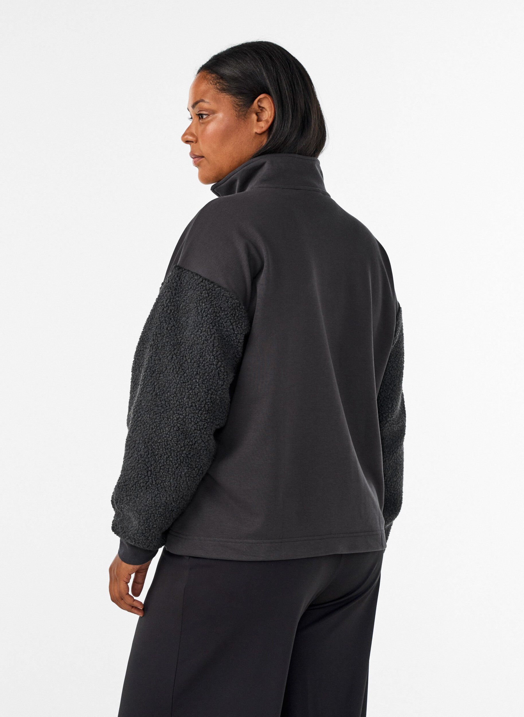 ZizzifashionSweatshirt with teddy sleeves and a high neck, Dark Grey, Model image number 2