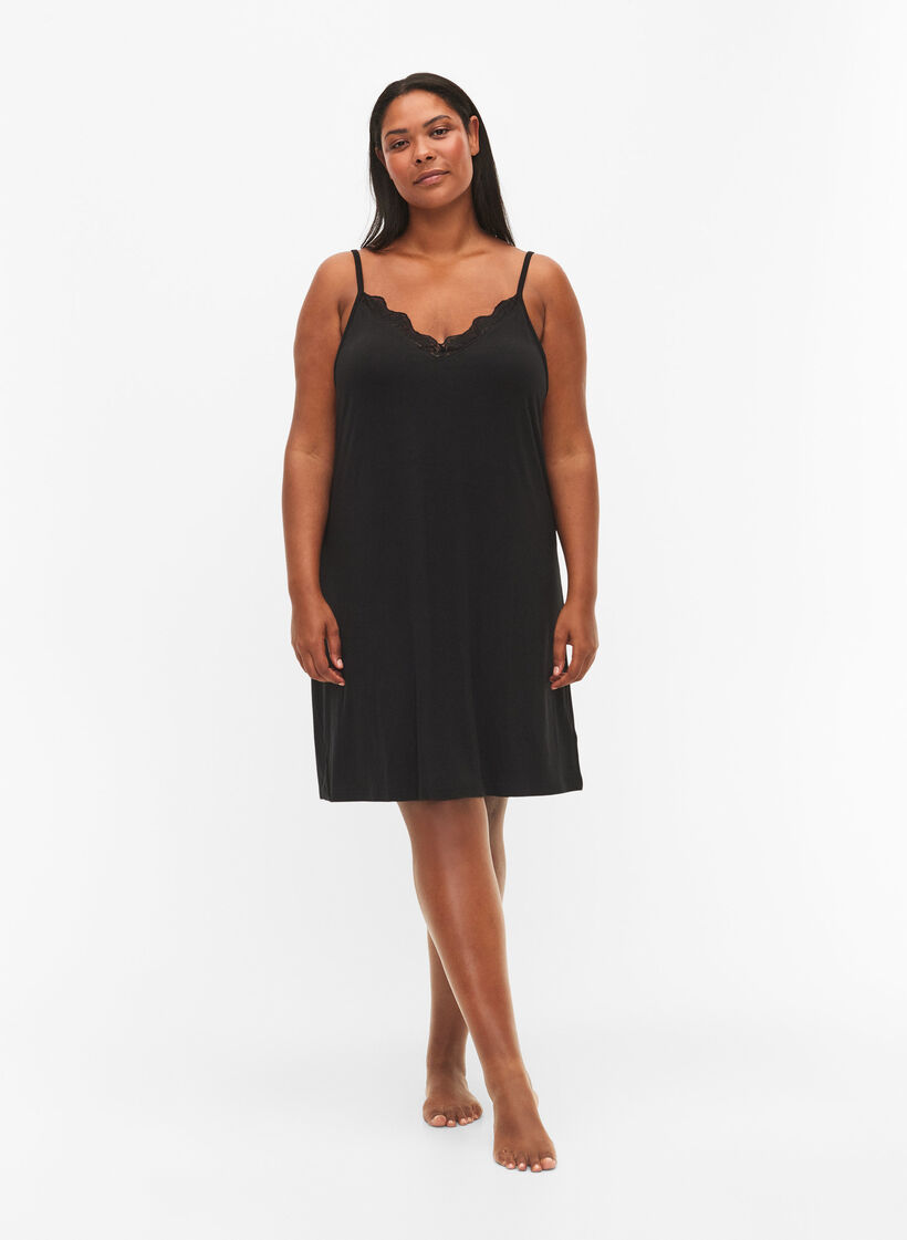 Viscose nightgown with lace trim, Black, Model image number 1