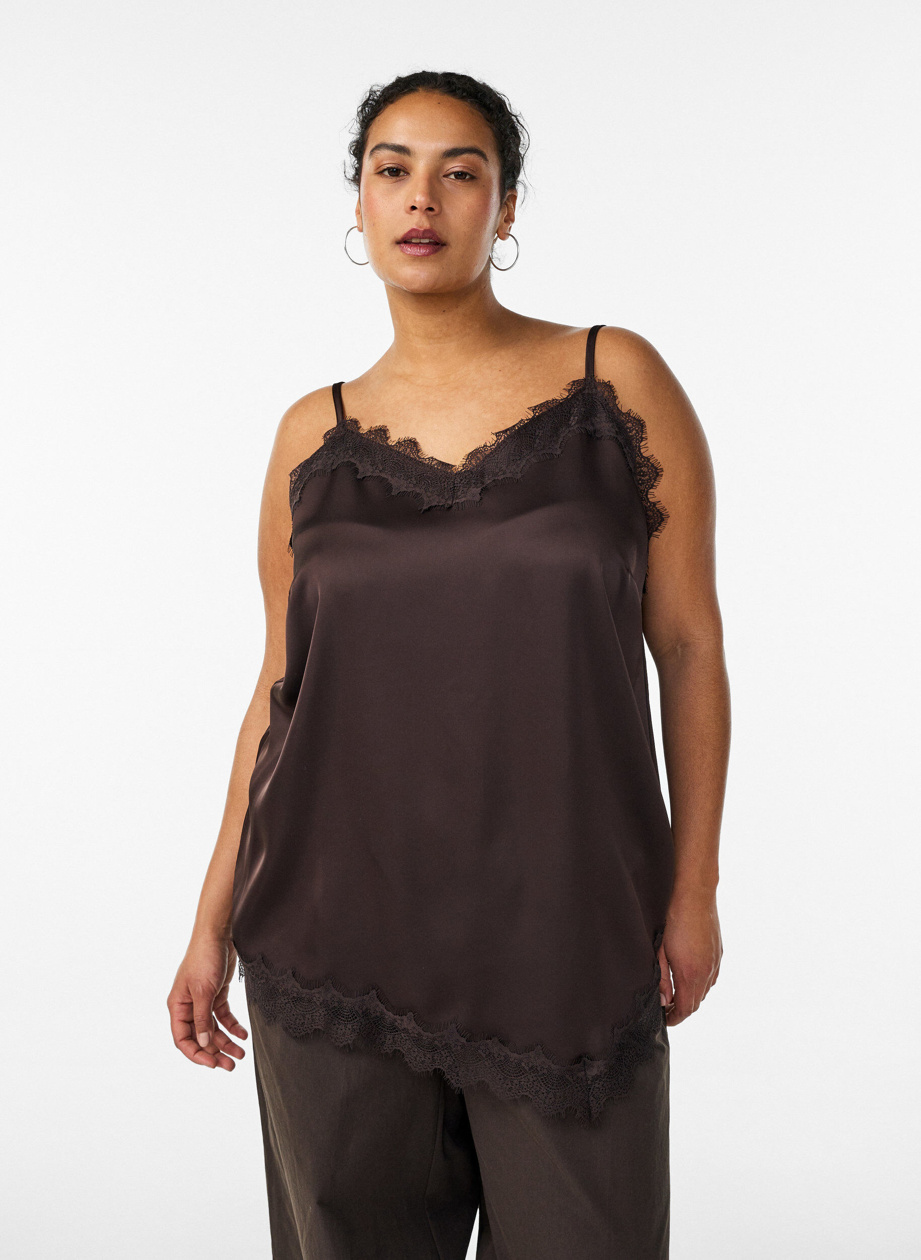 Zizzifashion Satin top with lace trim and asymmetric hem, Brown, Model image number 0
