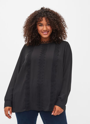 Long sleeved top with lace, Black, Model image number 0