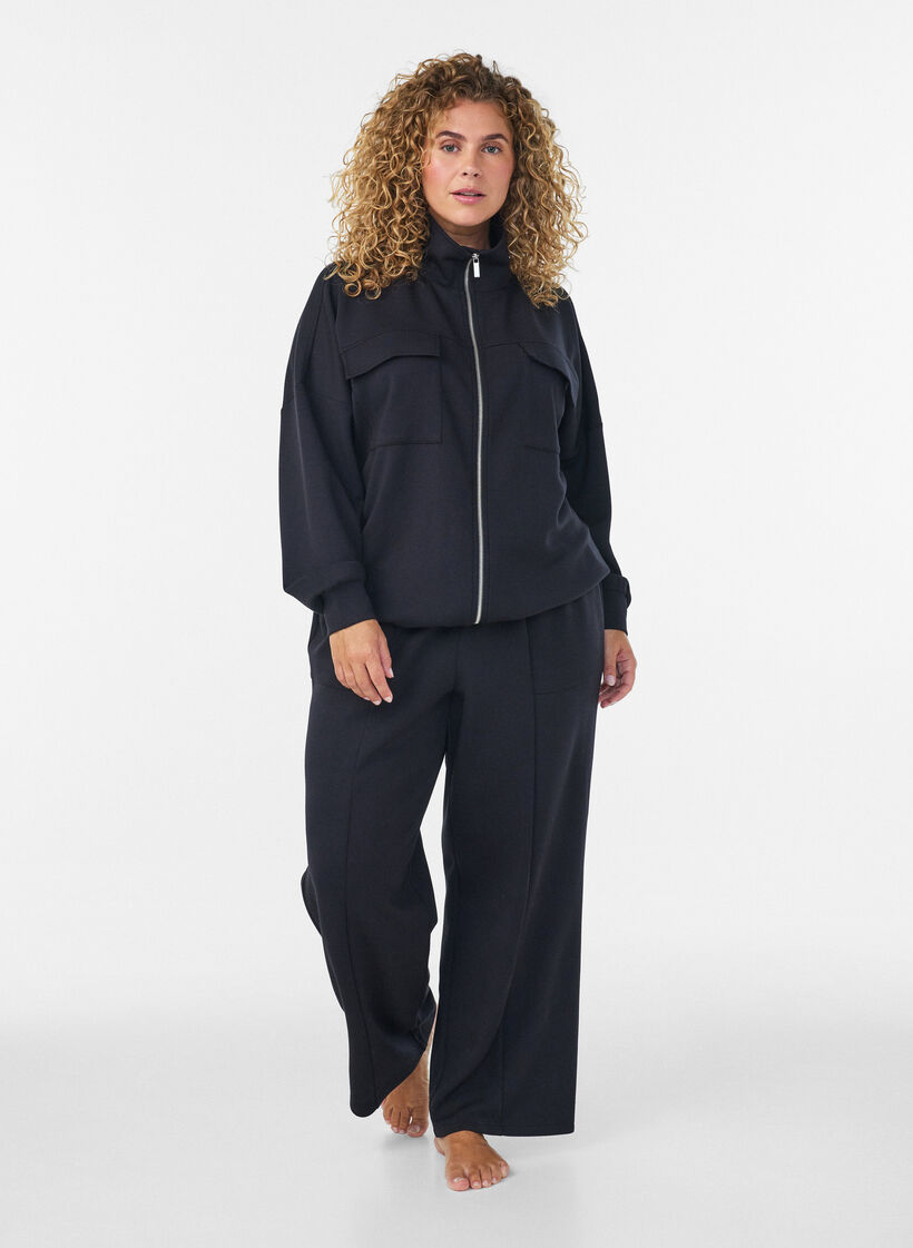 Loose jersey trousers with high waist and pockets, Black, Model image number 0