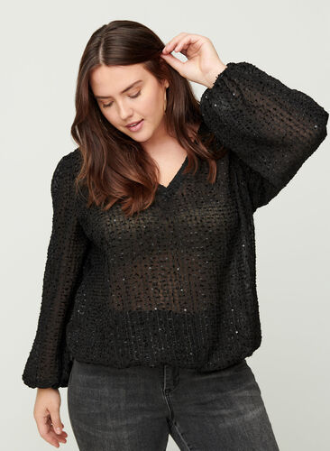 Textured blouse with smocking and a V-neck, Black, Model image number 0