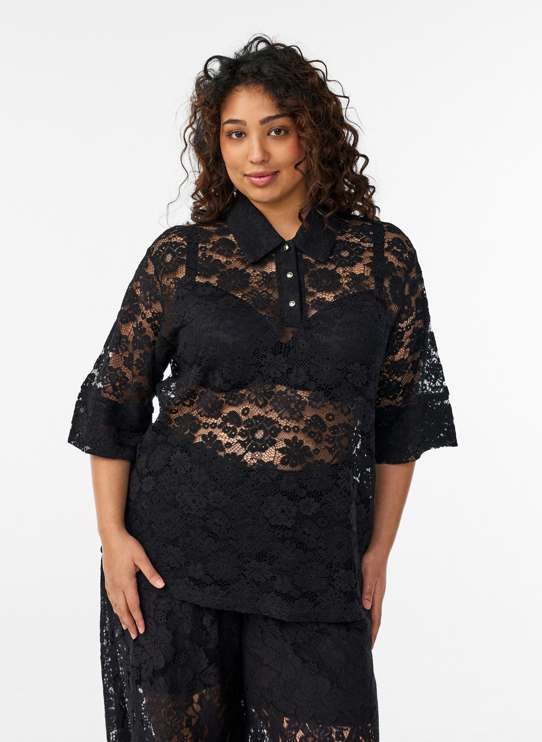 Zizzifashion Lace blouse with collar and 1/2 sleeves, Black, Model image number 0