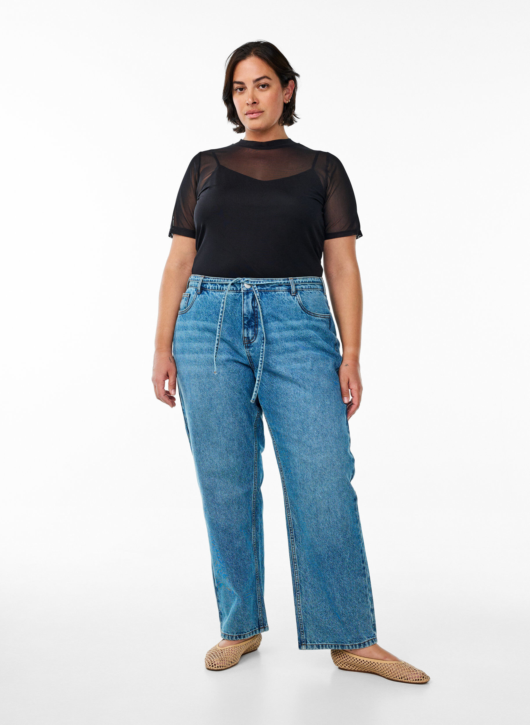 Zizzifashion Mesh blouse with short sleeves, Black, Model image number 1