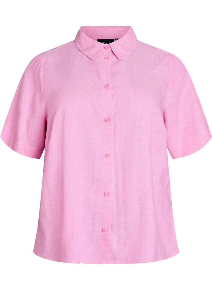 Short-sleeved shirt in linen and viscose, Pink, Packshot image number 0