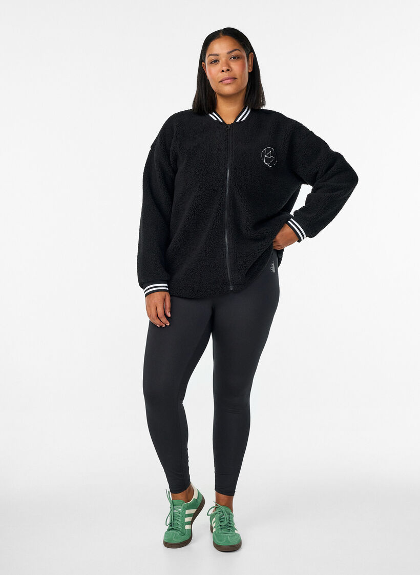 Teddy fleece jacket with stripe details, Black, Model image number 1