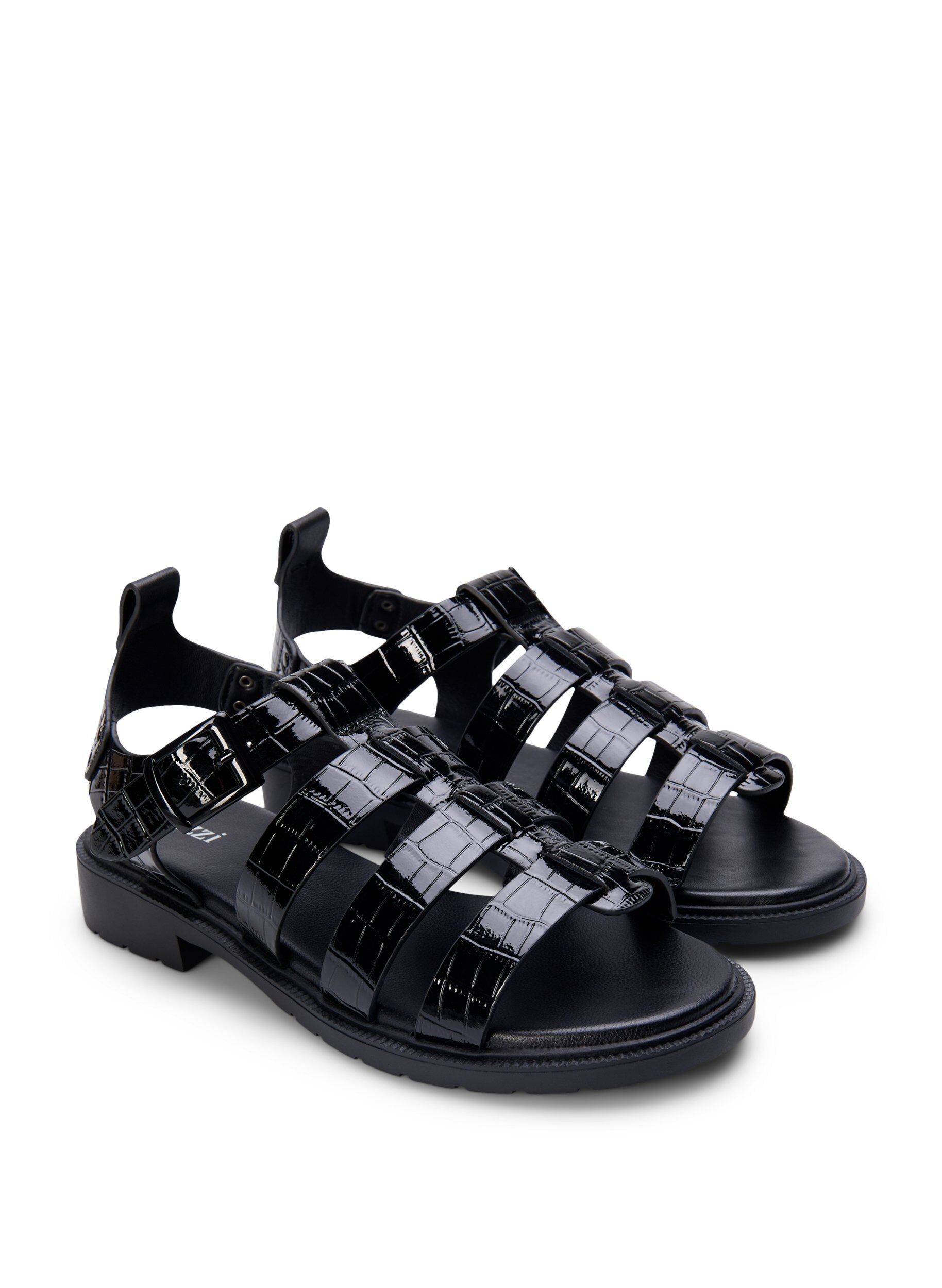 Zizzifashion Wide fit sandal in shiny crocodile leather, Black, Packshot image number 1