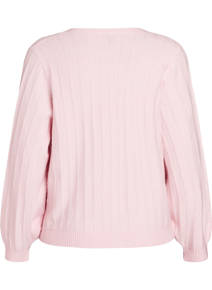 Cardigan with a ribbed texture and balloon sleeves, Pink, Packshot image number 1