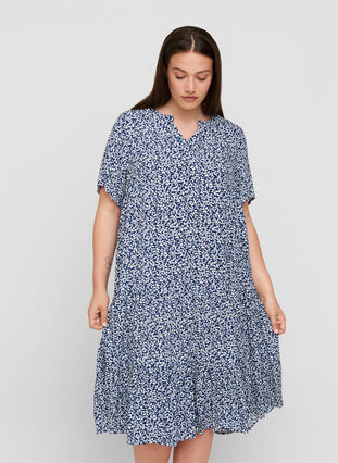 Short-sleeved viscose dress with print, Petit Blue Flower, Model image number 0