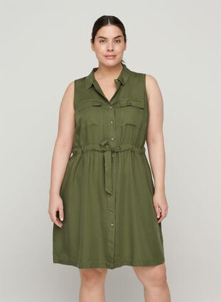 Sleeveless shirt dress with adjustable waist, Kaki Green, Model image number 0