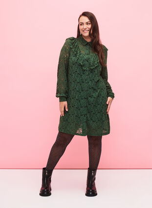 Lace shirt dress with frills, Hunter Green, Model image number 2