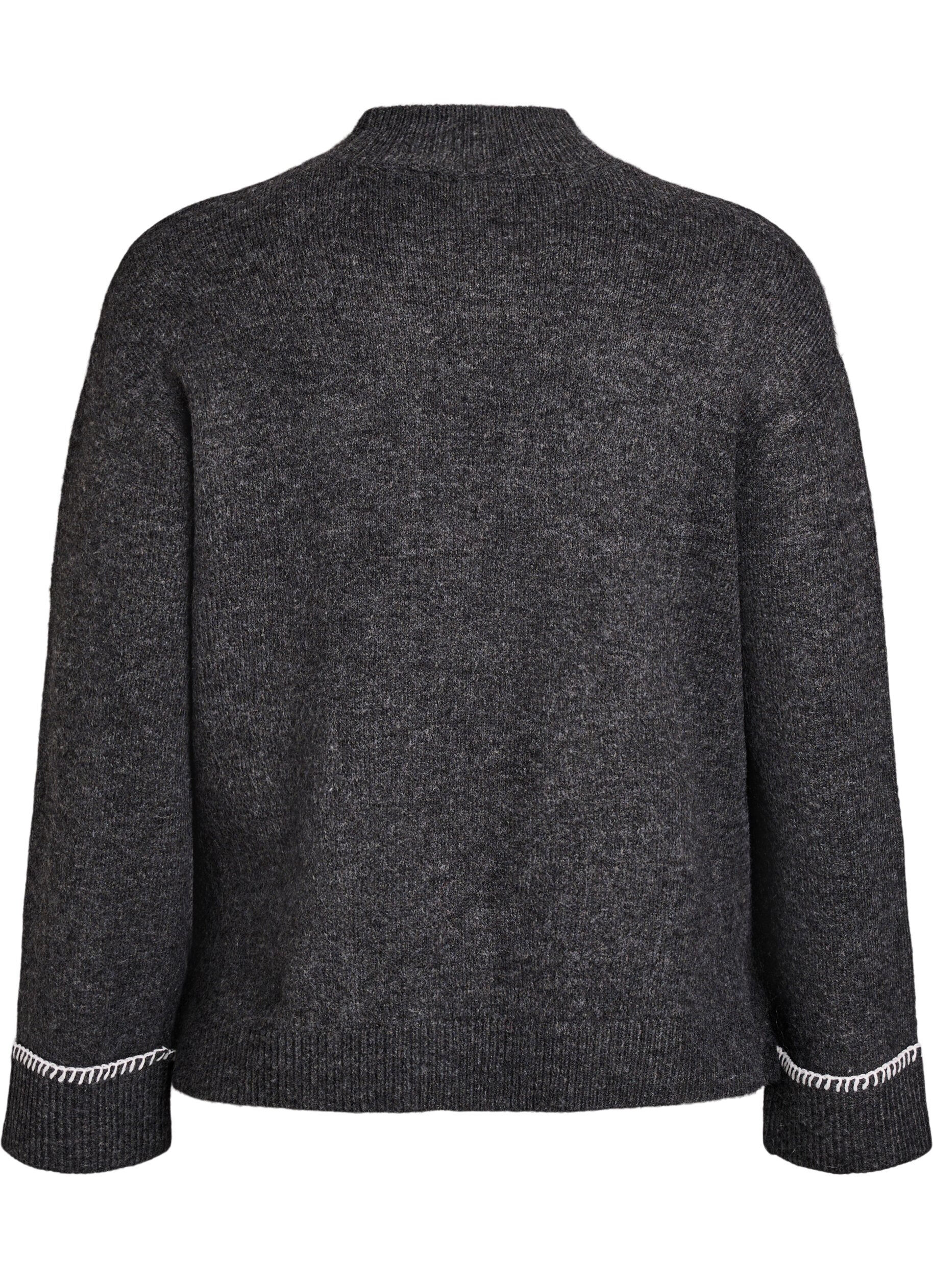 Zizzifashion Knitted blouse with a high neck and contrast detail, Dark Grey, Packshot image number 1