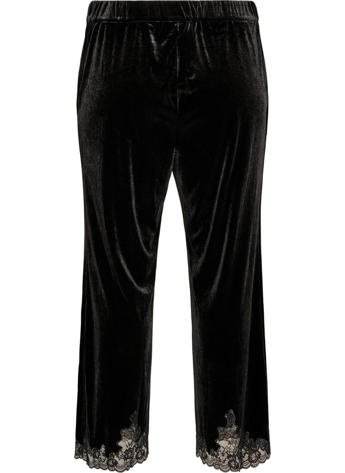 Velvet trousers with lace trim and wide legs, Black, Packshot image number 1
