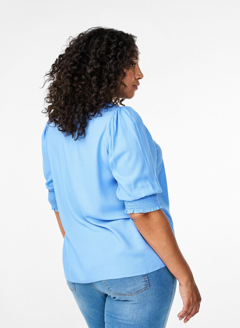 Viscose blouse with smock and ruffle detail, Cornflower Blue, Model image number 1