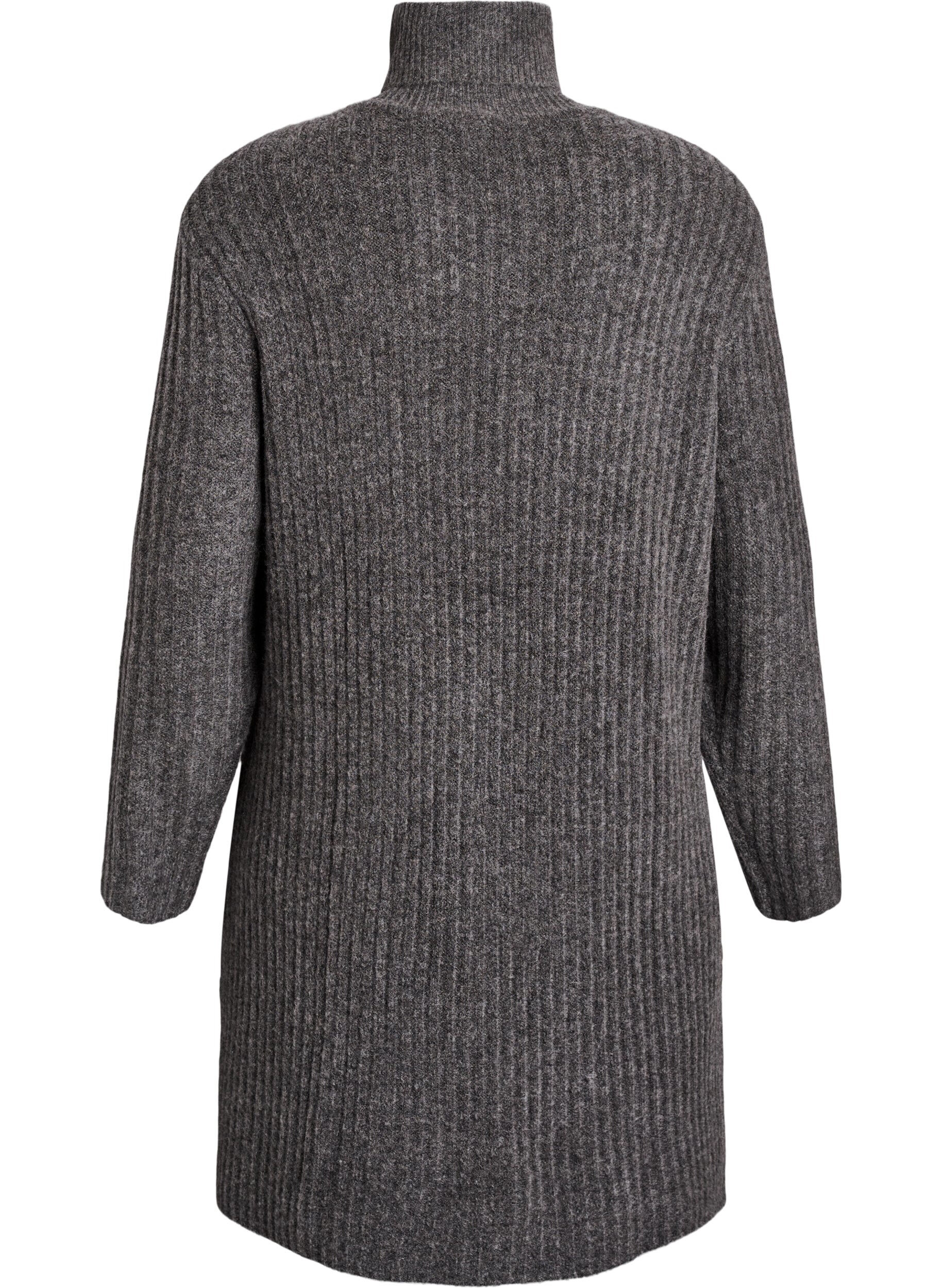 Zizzifashion Short knitted dress with a turtleneck and ribbed texture, Dark Grey, Packshot image number 1