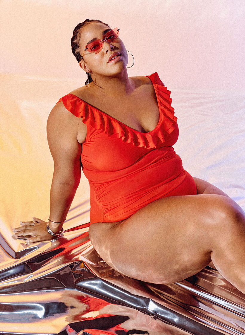 Swimsuit with ruffles and removable inserts, Orange, Image image number 1