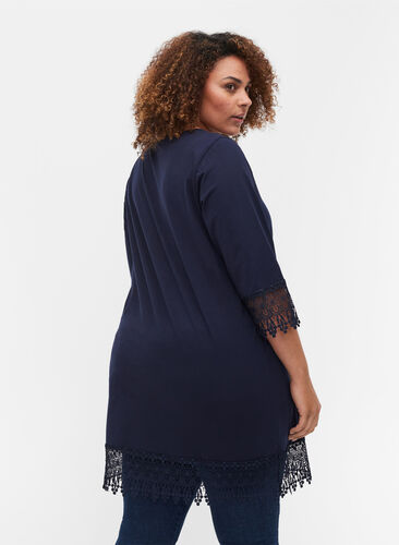 Cotton tunic with 3/4-length sleeves and lace details, Night Sky, Model image number 1