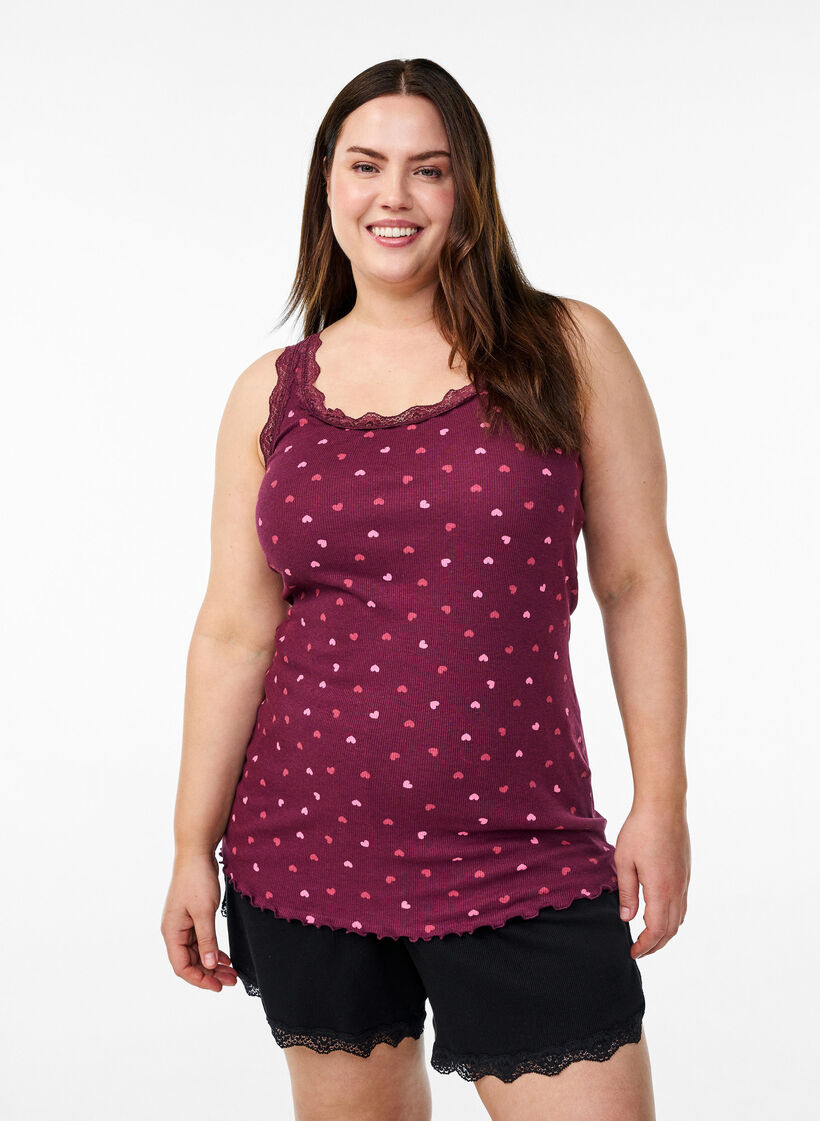 Top with print and lace edge, Dark Bordeaux, Model image number 0