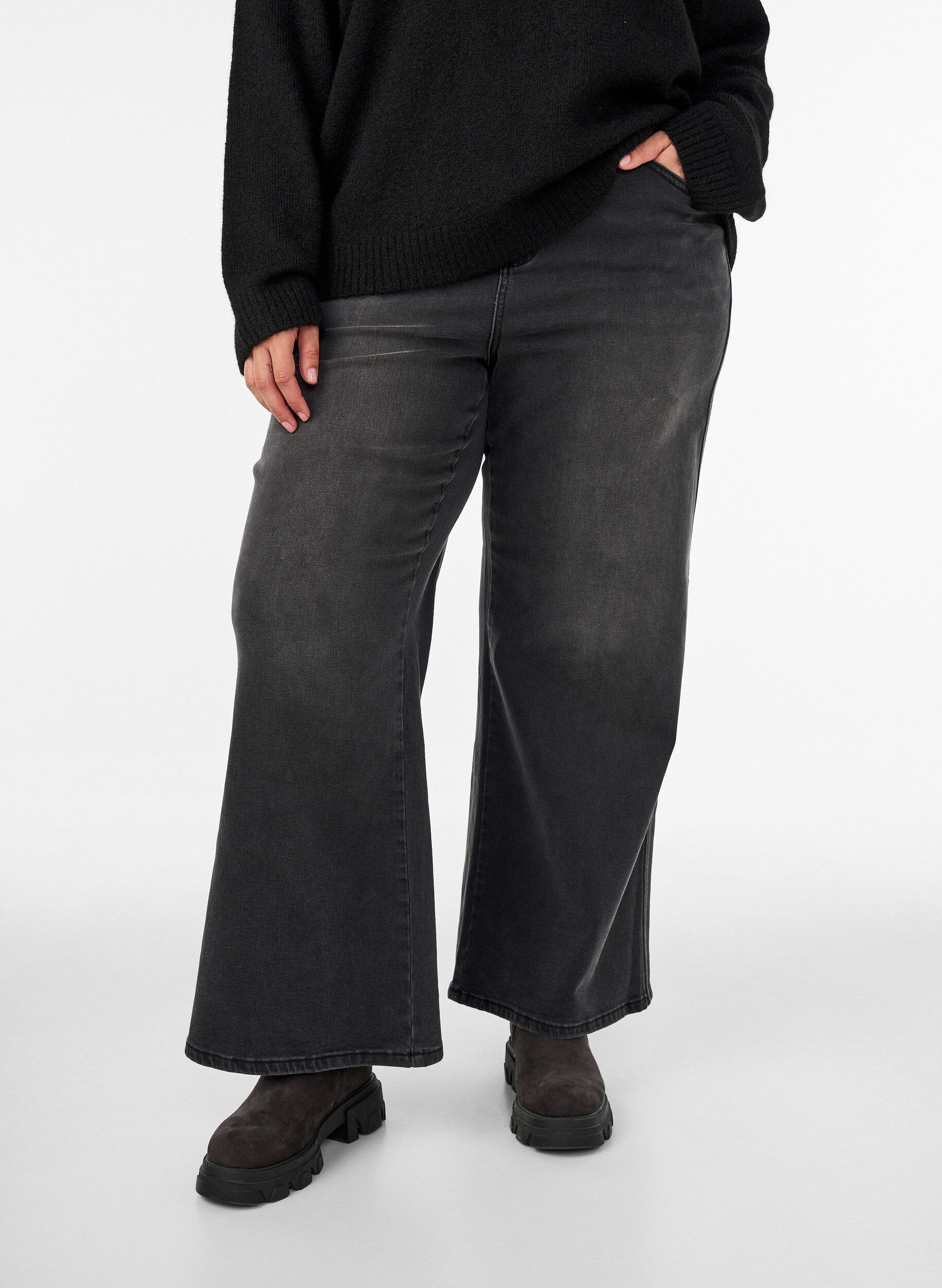 ZizzifashionWide fit jeans with vertical denim details, Dark Grey, Model image number 3
