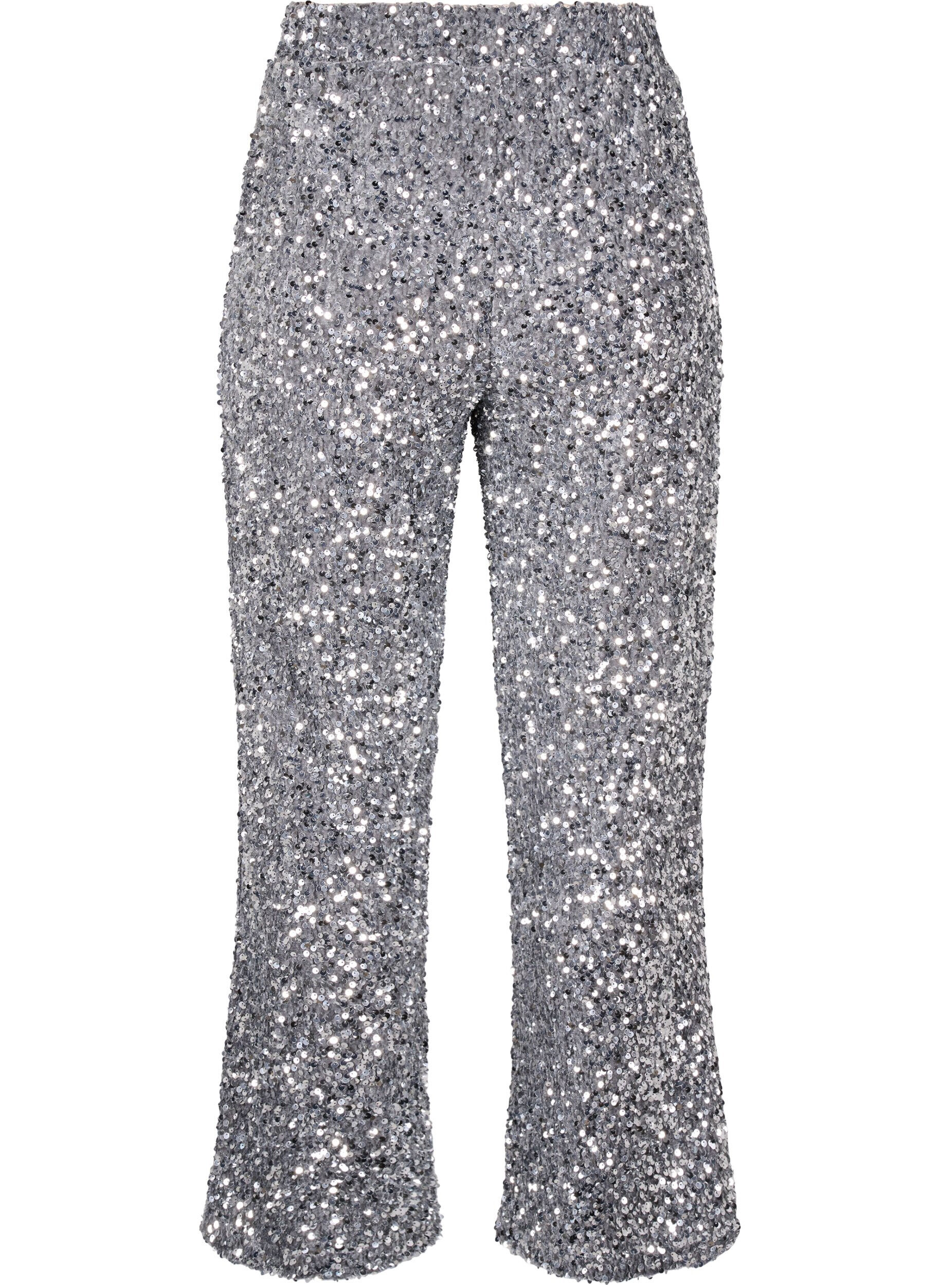 Zizzifashion Loose sequin trousers with high waist, Silver, Packshot image number 1