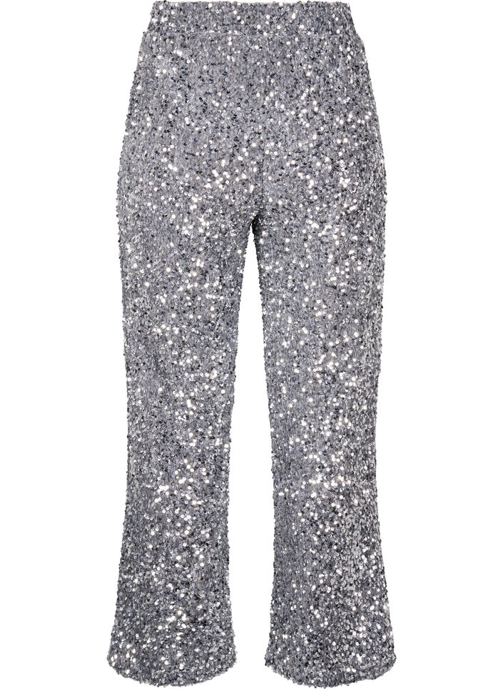 Loose sequin trousers with high waist, Silver, Packshot image number 1