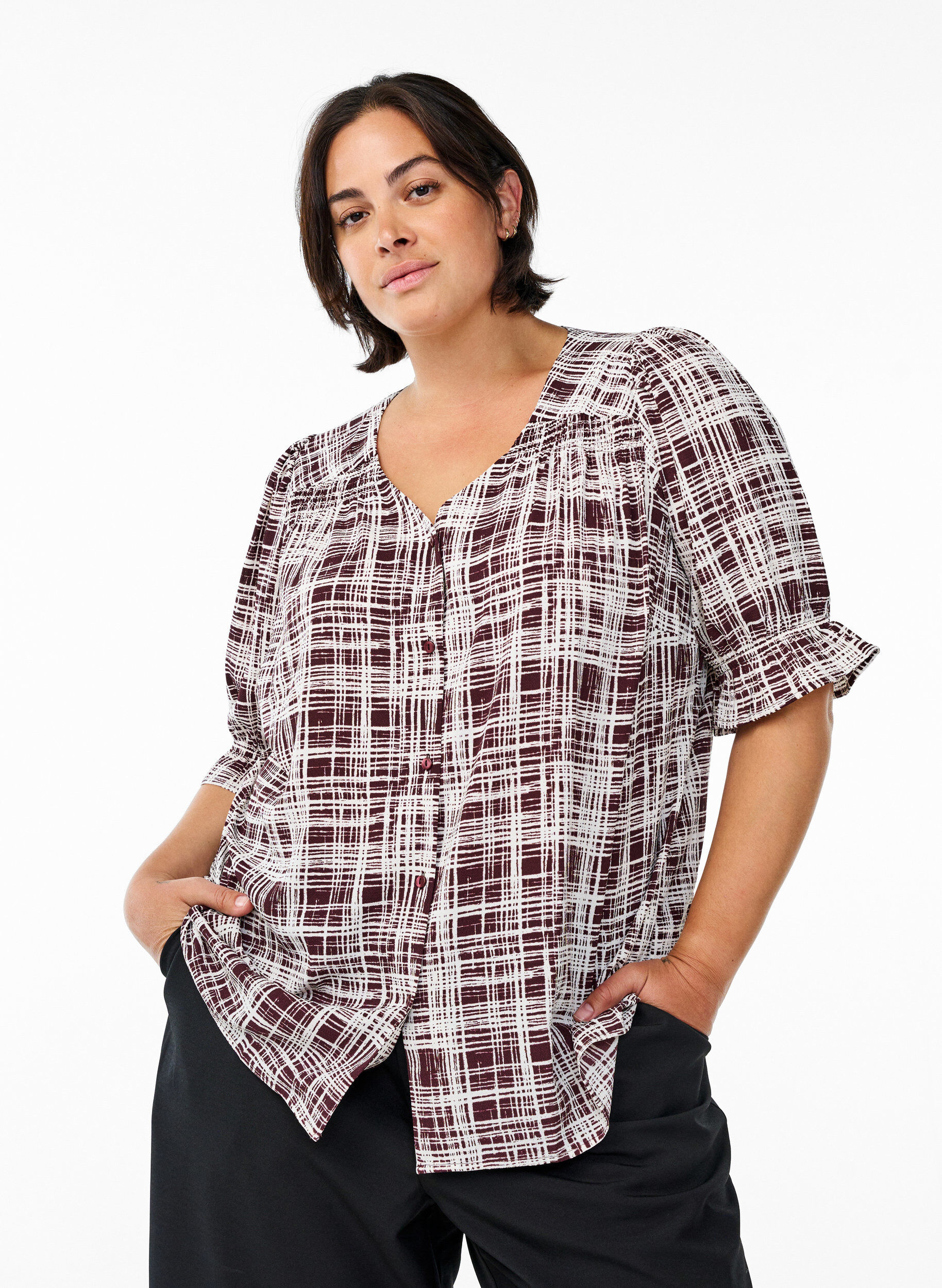 Zizzifashion Shirt blouse with 1/2 sleeves, Dark Bordeaux, Model image number 0