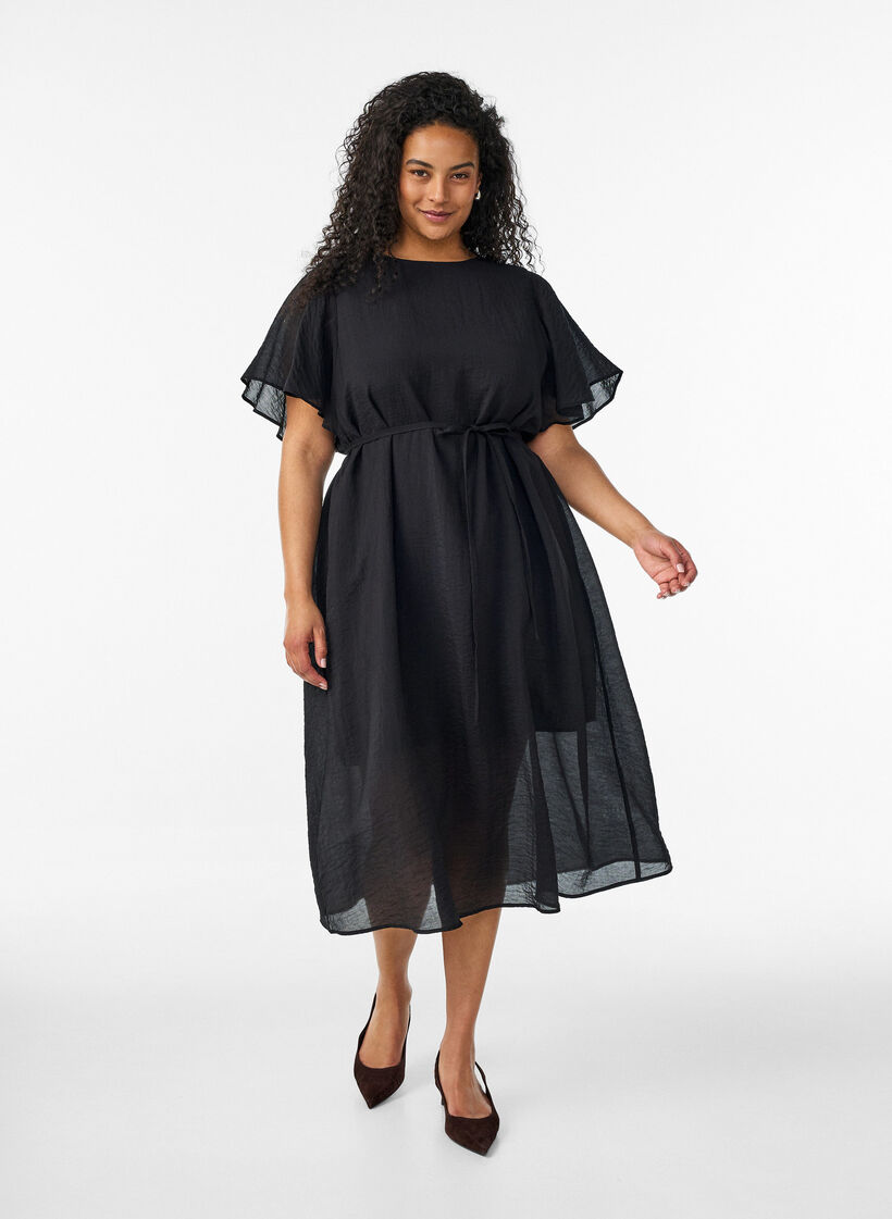 Ankle-length dress with flutter sleeves and tie-waist, Black, Model image number 0