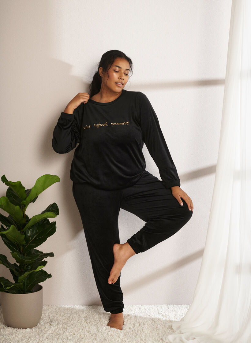 Velour blouse with embroidered text, Black, Image image number 0