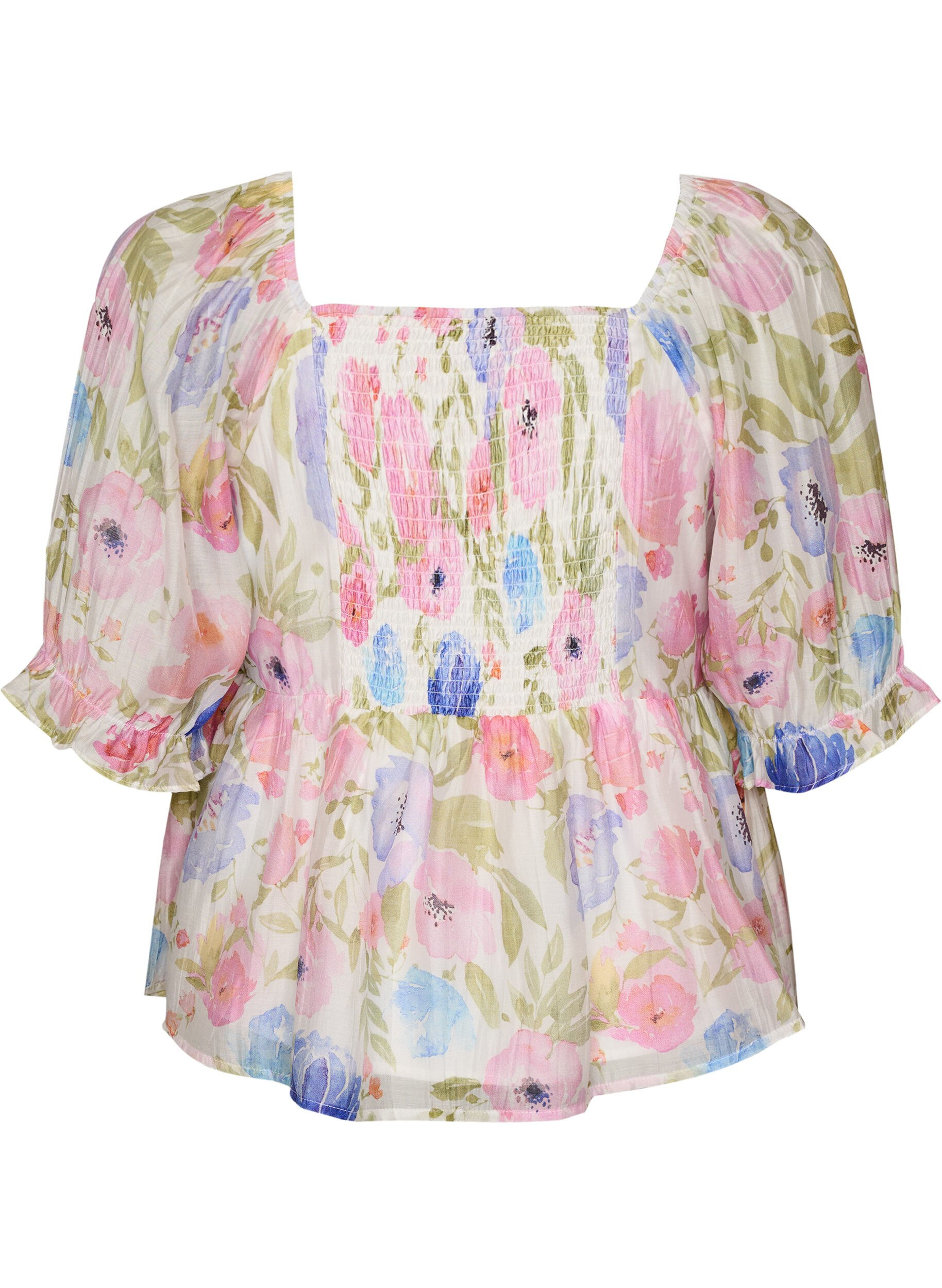 Zizzifashion Lyocell blouse with floral print and sweetheart neckline, White, Packshot image number 1