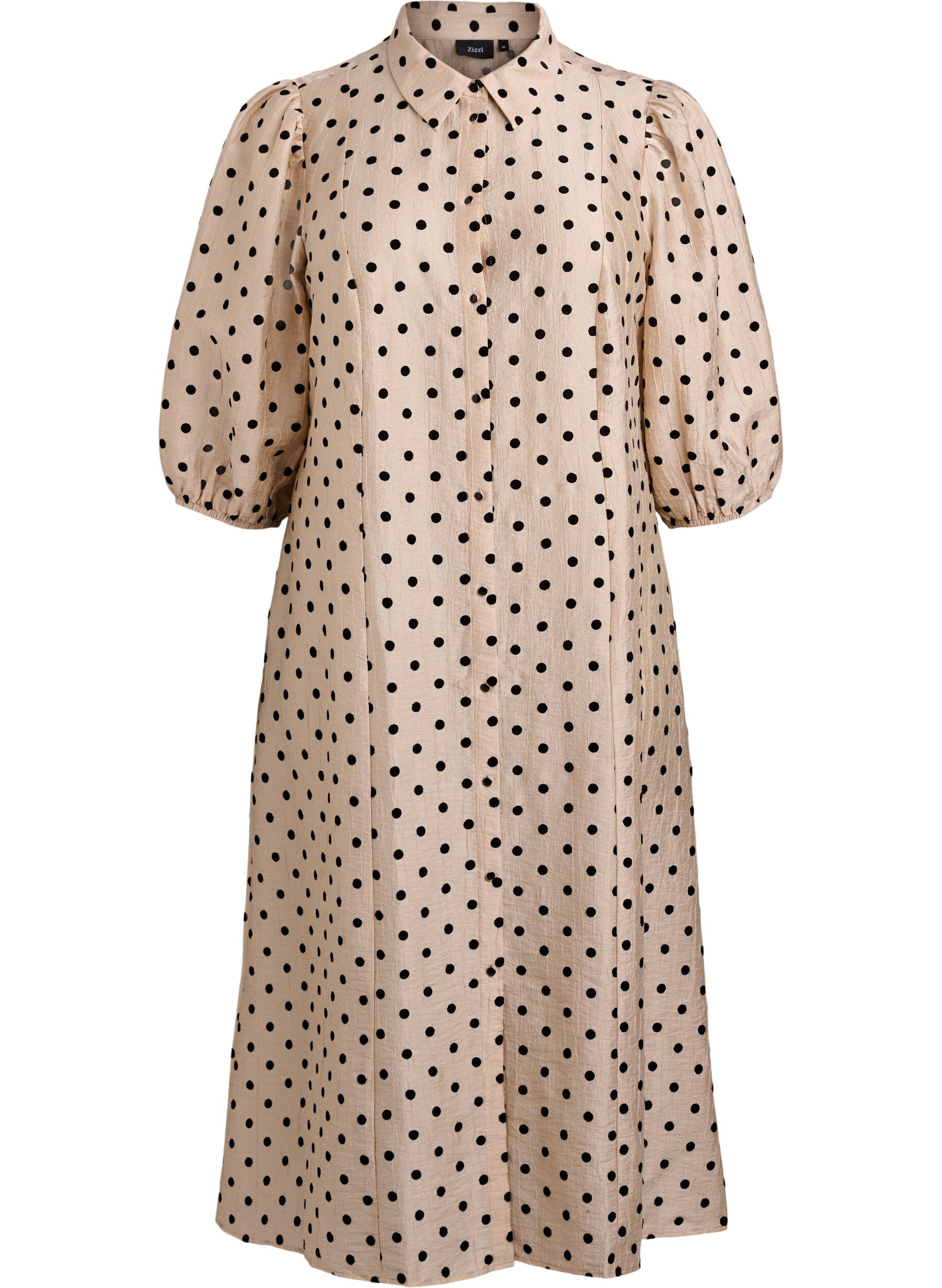Midi shirt dress with polka dots and 3/4 sleeves